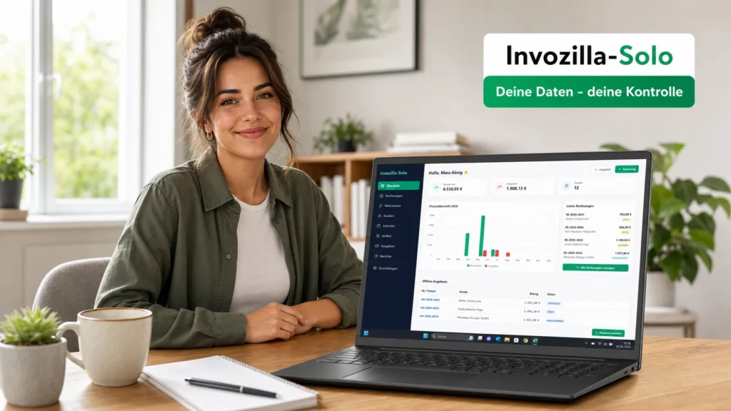 Junge Frau lächelt am Schreibtisch, Windows-Laptop zeigt Invozilla-Solo Dashboard mit Finanzübersicht. Datenhoheit für Selbstständige - lokale Rechnungssoftware statt Cloud.